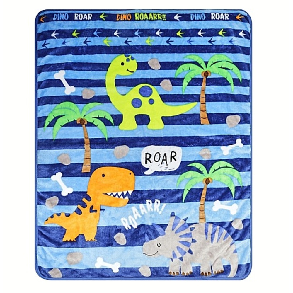 Everyday Kids Blue Stripe Dinosaur Baby Blanket‎ Toddler Soft Polyester Roar NEW
